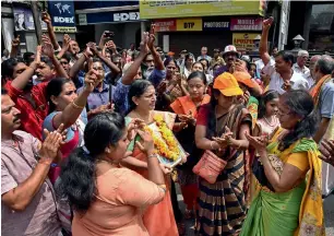  ?? PTI ?? Women protest at North Police station in Kochi on Sunday. The Sabarimala Karma Samithi has called for Namajapa Yatra — a protest march chanting Ayyappa mantra — against the alleged police action on their activists. —