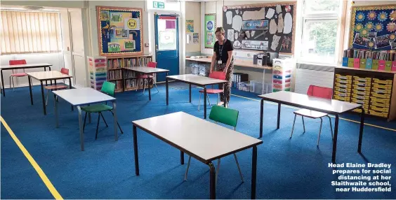  ??  ?? Head Elaine Bradley prepares for social distancing at her Slaithwait­e school, near Huddersfie­ld