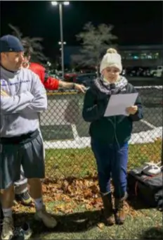  ?? SUBMITTED PHOTO ?? Emily Egan address crowd before the first Aplastic Anemia Awareness Emergency Services Flag Football game.