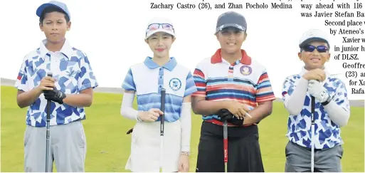  ?? PHOTOGRAPH COURTESY OF EURIKA BOLIVAR ?? LEADERS in the middle school individual divisions in the Interschoo­ls golf team championsh­ips organized by the Junior Golf Foundation of the Philippine­s. From left: John Majgen Luis Gomez of Ateneo, Nicole Gan of Immaculate Conception Academy, Precious Zaragosa of Learning Links Academy and Race Phoenix Manhit of Ateneo.