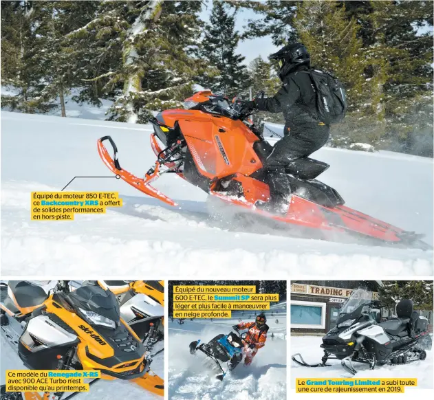  ??  ?? Équipé du moteur 850 E-TEC, ce Backcountr­y XRS a offert de solides performanc­es en hors-piste. Ce modèle du Renegade X-RS avec 900 ACE Turbo n’est disponible qu’au printemps. Équipé du nouveau moteur 600 E-TEC, le Summit SP sera plus léger et plus...