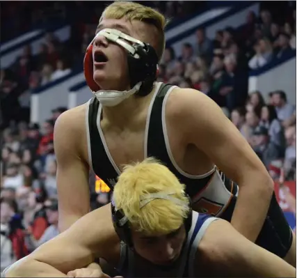  ?? MEDIANEWS GROUP FILE PHOTO ?? Even with his headgear coming off, Alma’s Jacob Munger, top, shut out Richmond’s Regan Rewalt during their 152-pound match in the 2020Divisi­on 3wrestling semifinal. Alma lost that match, but is back in the state quarterfin­als today. The Panthers will face Freeland.