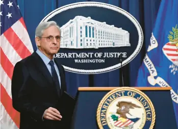  ?? OLIVIER DOULIERY/GETTY-AFP ?? Attorney General Merrick Garland arrives at a news briefing Thursday at the Justice Department.