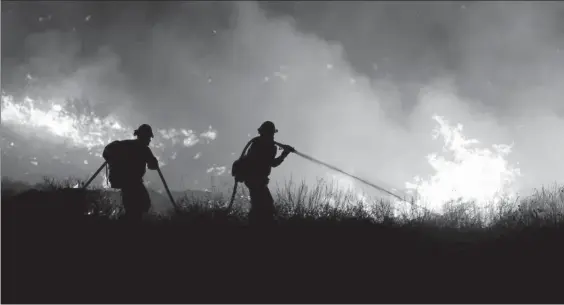  ?? Foto Xinhua ?? Bomberos trabajan en una zona boscosa afectada por el fuego en Fallbrook, California