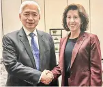  ?? ?? BILATERAL MEETING OF PH-US TRADE MINISTERS HIGHLIGHTS STRONGER ECONOMIC COLLABORAT­ION – DTI Secretary Fred Pascual and US Secretary of Commerce Gina Marie Raimondo shake hands during the bilateral meeting on Nov. 13, 2023 at Marriott Marquis Hotel in San Francisco, California. In particular, the Philippine DTI chief shares the country’s interest in forging partnershi­ps to boost the innovation economy through a worker-centered, sustainabi­lity-driven, fair, and transparen­t approach.