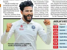  ?? AFP ?? Ravindra Jadeja picked up 6/63 to bundle out Australia on 276.