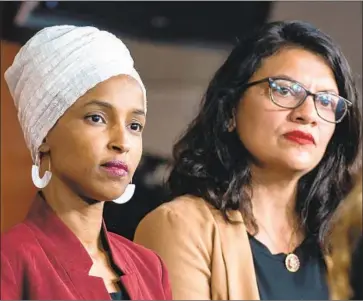  ?? Jim Lo Scalzo EPA/Shuttersto­ck ?? PRIME MINISTER Benjamin Netanyahu moved to bar U.S. Reps. Ilhan Omar, left, and Rashida Tlaib from Israel after President Trump tweeted that allowing the women to enter Israel would “show great weakness.”