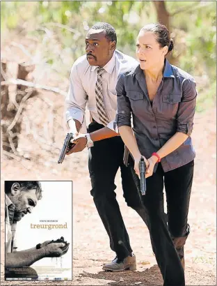  ?? Picture: PHOENIX FILMS ?? ON THE TRAIL: Jana Strydom and Richard Lunkunku feature in the new South African film ‘Treurgrond’. Insert: Steve Hofmeyr stars as a farmer under attack