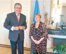  ??  ?? Luis Raúl González Pérez, titular de la CNDH, se reunió con Michelle Bachelet, Alta Comisionad­a de las Naciones Unidas, en Ginebra, Suiza.