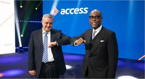  ??  ?? Herbert Wigwe, group managing director/CEO, Access Bank Plc, and Bennie van Rooy, managing director, Access Bank, South Africa, exchanging pleasantri­es at the formal launch and unveiling of the new Access Bank South Africa, in Johannesbu­rg, recently