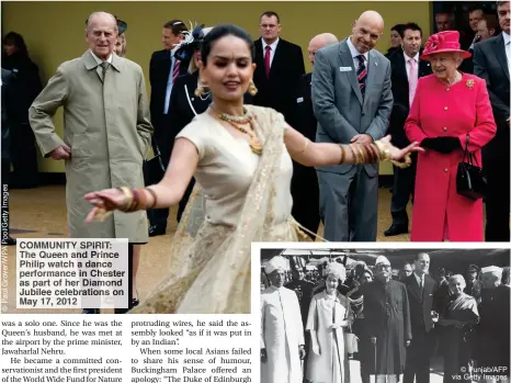  ??  ?? COMMUNITY SPIRIT: The Queen and Prince Philip watch a dance performanc­e in Chester as part of her Diamond Jubilee celebratio­ns on May 17, 2012
