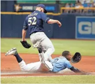  ?? USA TODAY SPORTS ?? Brewers pitcher Jimmy Nelson forces out Rays centerfiel­der Mallex Smith as he slides into first base Sunday.