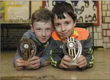  ?? Gavin O’Brien and Owen O’Regan holding their precious Community Games trophies at Duagh National School. ??