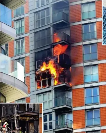  ??  ?? Ablaze: Balconies burn during yesterday’s fire. Left: Firemen at the scene