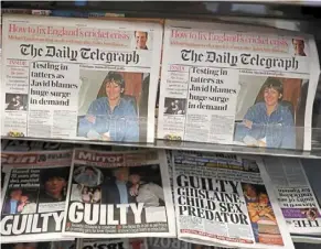  ?? — AFP ?? Headlines from British newspapers the morning after a jury in new york found Maxwell guilty of recruiting and grooming young girls to be sexually abused by the late Epstein.