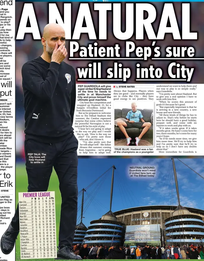  ?? ?? PEP TALK: The City boss will help Haaland to settle in
TRUE BLUE: Haaland was a fan of the champions as a youngster
NEUTRAL GROUND: Guardiola won’t mind if United fans turn up at The Etihad today