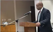  ?? KATHLEEN E. CAREY — DAILY TIMES ?? Delaware County Chief Administra­tive Officer Marc Wooley presents the proposed 2024county budget with a 5% increase of county real estate taxes. He listed several matters that are putting financial pressure on the county.