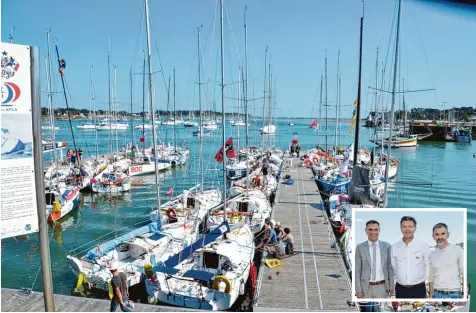  ?? Fotos: Regina Langhans ?? Der Hafen Port de Kérisper in Carnacs Nachbargem­einde La Trinité sur Mer zieht Segelfreun­de aus aller Welt an. Er könnte auch bald für Besucher aus Illertisse­n eine At traktion darstellen. Auf dem kleinen Foto von links die drei Bürgermeis­ter Jürgen...