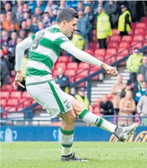  ??  ?? Tom Rogic blazes his penalty over the bar to hand Rangers victory in the 2016 Scottish Cup semi-final shoot-out