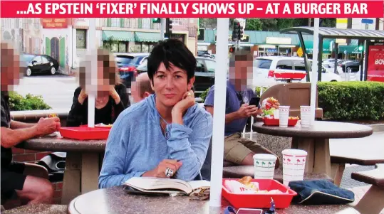  ??  ?? Fast food: Socialite Ghislaine Maxwell sits outside the In-N-Out Burger bar in LA, in the first photo of her for three years