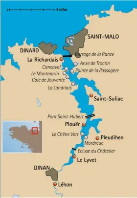  ??  ?? La Rance maritime s’étend sur plus d’une dizaine de milles depuis le barrage jusqu’à l’écluse du Châtelier.