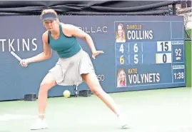  ?? JAY PLOTKIN/SPECIAL TO AMERICAN-STATESMAN ?? Danielle Collins returns a forehand to Katie Volynets during their second-round singles match Thursday in the ATX Open at Westwood Country Club. Collins won in three sets.