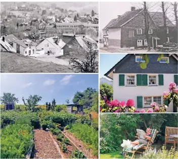  ?? FOTOS: VON DER HEYDEN (4), KÄMMERICH ?? Neubauten nach dem Abbau der Reithalle 2001 (o.l.), der Gemüsegart­en der Familie von der Heyden (u.l.), das alte Gollembusc­h-Haus um 1940 und heute (r.), Helga von der Heyden in ihrem Garten.