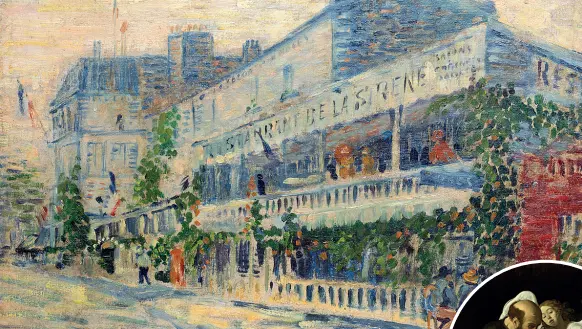  ??  ?? Illegio «Restaurant de la Sirène ad Asnières». L’olio su tela potrebbe essere il bozzetto dell’opera di Van Gogh esposta al Museo D’Orsay. Sotto, nel tondo, la riproduzio­ne di Antero Kahila del San Matteo e l’angelo di Caravaggio, bruciato a Berlino nel 1945