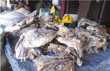 ??  ?? Heads of stockfish displayed at Mr Ude’s shop in Kado