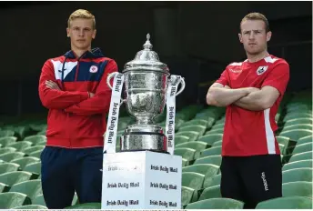  ??  ?? Kris Twardek of Sligo Rovers and Dean Zambra of Longford Town during the Irish Daily Mail FAI Cup First Round Draw at the Aviva Stadium in Dublin. Pic: Harry Murphy/Sportsfile