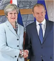  ?? (AFP) ?? British Prime Minister Theresa May (left) is welcomed by European Council president Donald Tusk in Brussels on Friday