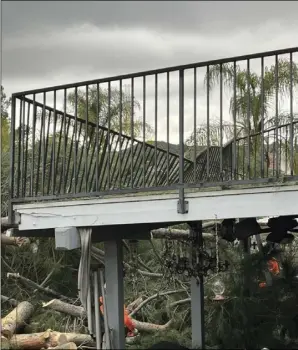  ?? Photo courtesy of Vicky Nelson ?? A tree fell on a Saugus home earlier this month, creating a potential liability issue as the tree had stood on what is known as a landscape maintenanc­e district, meaning a homeowner pays taxes on the land but is not allowed to alter or modify it in any way.