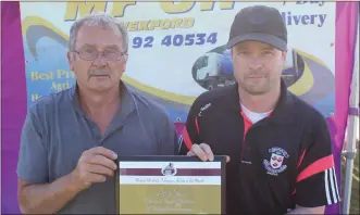  ??  ?? Pádraig Kelly of Menapians accepting the athlete of the month award for February from Paddy Morgan (Co. Chairman) on behalf of Leon Reid at the county championsh­ips last week.