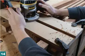  ??  ?? 14 Use the router jig, spaced to fit the thickness of the shelves, to rout the stopped dadoes for the five shelves.