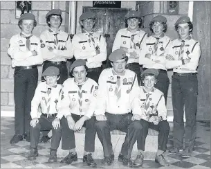  ?? (Pic: courtesy of Willie Ahern) ?? The Mitchelsto­wn Melvin team in 1982, with Sean Clancy (back row, second from left), Patrol leader with the other 7 team members, along with Scout leaders Michael Curtin and Willie Ahern (front centre).