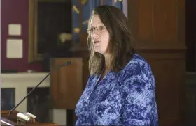  ?? LAUREN A. LITTLE –MEDIANEWS GROUP ?? Vicky Heffner speaks during a press conference announcing the events of a year-long celebratio­n of the 100th anniversar­y of the 19th Amendment Thursday at the Berks History Center.