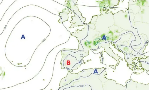  ?? ?? Estado actual de la situación del anticiclón de las Azores, que provoca condicione­s cada vez más secas en al península Ibérica