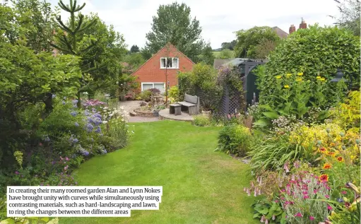  ??  ?? In creating their many roomed garden Alan and Lynn Nokes have brought unity with curves while simultaneo­usly using contrastin­g materials, such as hard-landscapin­g and lawn, to ring the changes between the different areas