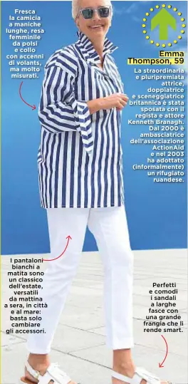  ??  ?? Fresca la camicia a maniche lunghe, resa femminile da polsi e collo con accenni di volants, ma molto misurati. I pantaloni bianchi a matita sono un classico dell’estate, versatili da mattina a sera, in città e al mare: basta solo cambiare gli...