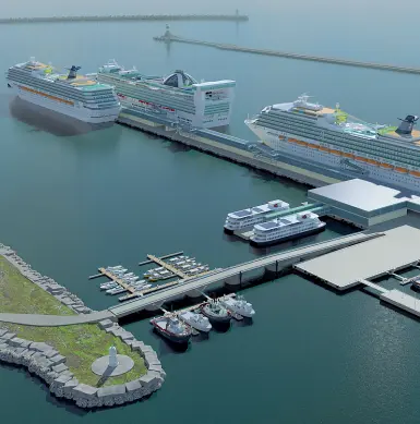  ?? ?? Il rendering Venis Cruise 2.0 di Cesare De Piccoli e Duferco Engineerin­g alla bocca di porto del Lido