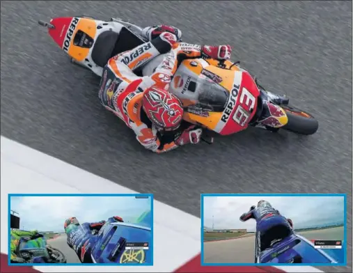  ??  ?? PROTAGONIS­TAS. Márquez con la pole, y Maverick y Rossi con su pique y su primera línea en Austin centraron la atención en MotoGP.