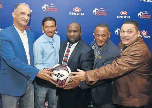  ??  ?? BUILDING THE GAME: At the launch of the Engen U17 Knockout Challenge in Port Elizabeth last week were, from left, Northern Areas Football Associatio­n president Clive Killian, former Bafana Bafana star Daine Klate, Safa-NMB president Simphiwe...