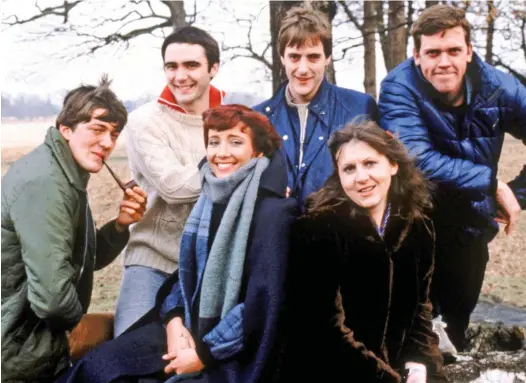  ??  ?? Footlights stars: Emma Thompson, centre left, with Stephen Fry, Tony Slattery, Paul Shearer, Penny Dwyer and Hugh Laurie