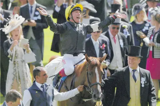  ?? Photo / AP ?? Delighted jockey Frankie Dettori and Stradivari­us celebrate winning the Gold Cup at Royal Ascot yesterday.