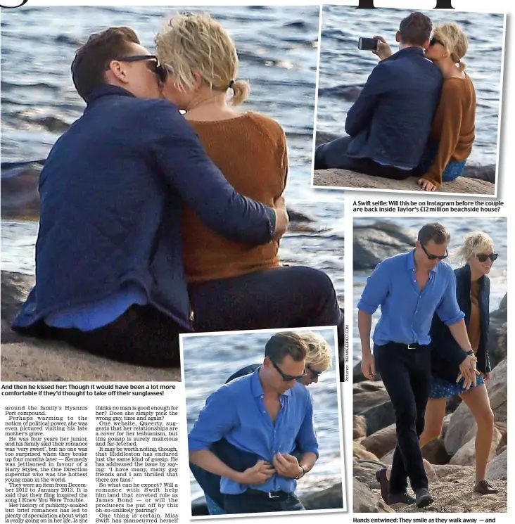  ??  ?? And then he kissed her: Though it would have been a lot more comfortabl­e if they’d thought to take off their sunglasses! You’re mine — for now: Taylor hugs her latest squeeze A Swift selfie: Will this be on Instagram before the couple are back inside Taylor’s £12 million beachside house?