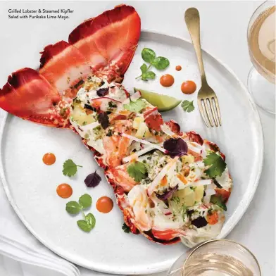  ??  ?? Grilled Lobster & Steamed Kipfler Salad with Furikake Lime Mayo.