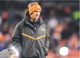  ??  ?? Peyton Manning is 7-2 in starts this season, but the 39-year-old Broncos quarterbac­k hasn’t played since Nov. 15 against the Chiefs. Eric Lutzens, The Denver Post