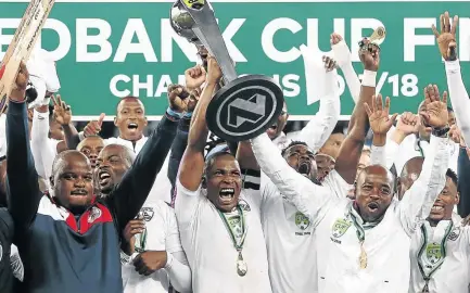  ?? / SHAUN ROY/ GALLO IMAGES ?? Free State Stars captain Paulus Masehe leads the celebratio­ns after Ea Lla Koto broke their cup drought with the Nedbank Cup trophy at Cape Town Stadium at the weekend.