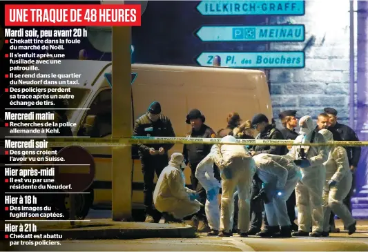  ?? PHOTO REUTERS ?? Des membres des forces de l’ordre cherchaien­t des indices dans les rues de Strasbourg où un homme a tué trois personnes, mardi.