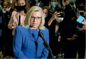  ?? AP ?? Republican representa­tive Liz Cheney speaks to reporters after House Republican­s voted to oust her from her leadership post as chair of the House Republican Conference.